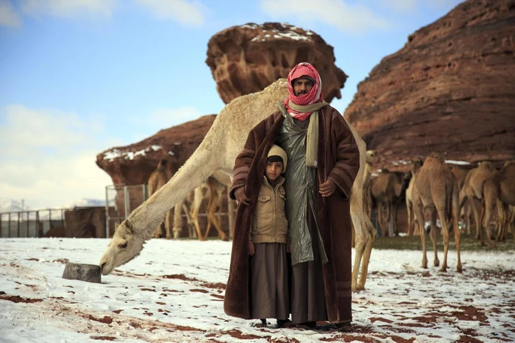 Bedouin father and son with camels